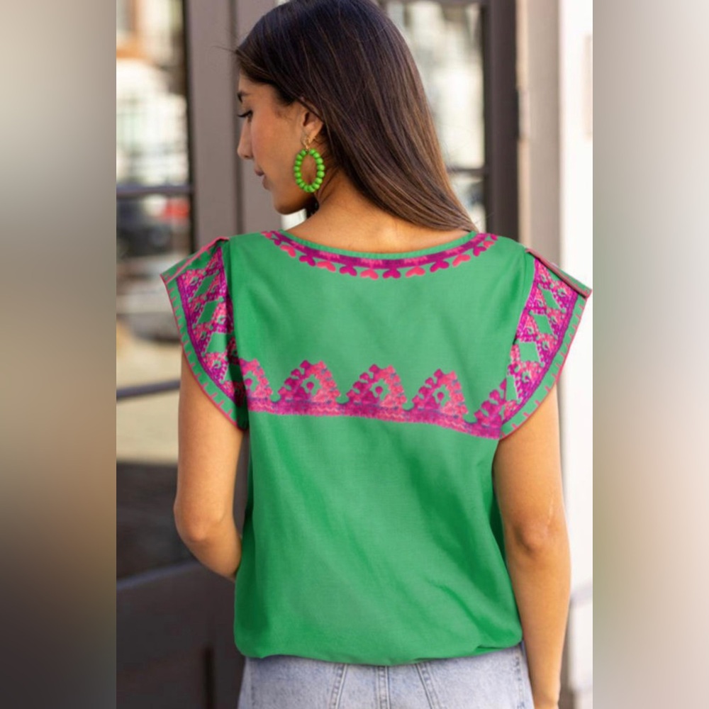 NWT Rose Pink & Green Printed Boho Abstract Cap Short Sleeve Blouse Small Medium - Picture 2 of 6